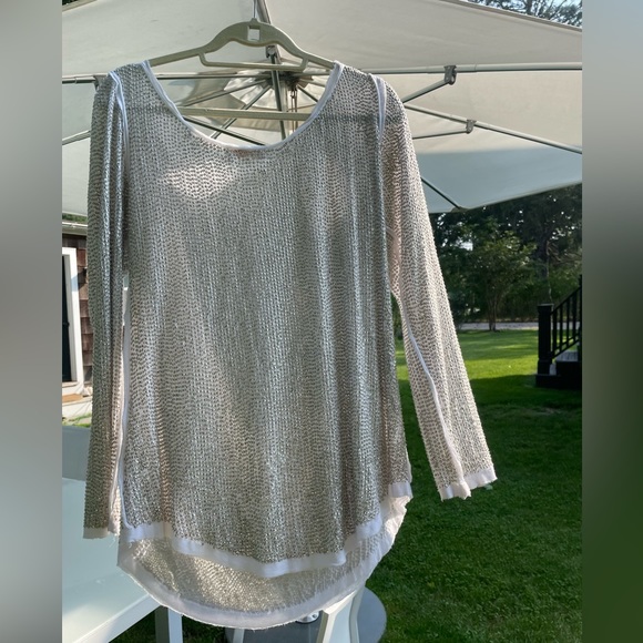 Rare Raw Edge Detail LS T Hand Sewn Antiq Slvr Tiny Sequin so SOFT w/stretch SzM - Picture 3 of 17